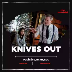 Knives Out filminin iki önemli başrol oyuncusu, filme adını veren anlamlı koltuğun önünde