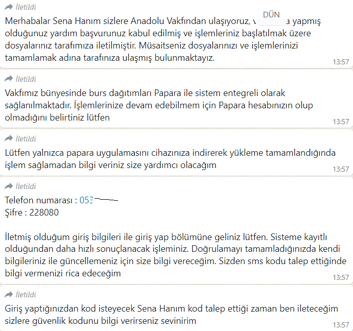 Anadolu Vakfı burs sonuçlarının açıklandığına dair WhatsApp üzerinden gelen dolandırıcı mesajları.