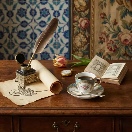 Paris’te Bir Osmanlı Sefiri... Arka planda eski, sararmış kağıt dokusu üzerine flu bir şekilde işlenmiş Osmanlıca el yazması metinler ve bir hokka-tüy kalem. Ön planda kitabın net, yüksek çözünürlüklü bir üç boyutlu (mockup) görseli